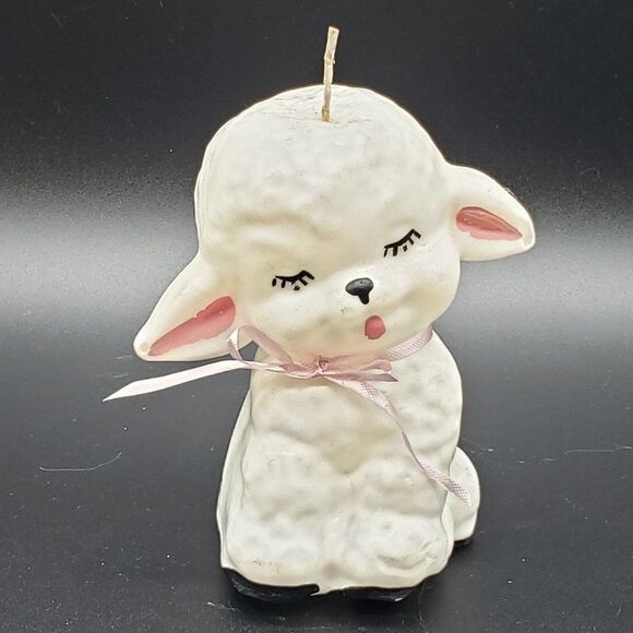 White Pink Black Vintage Baby Lamb or Sheep Shaped Unscented Waxed Candle - Picture 12 of 12